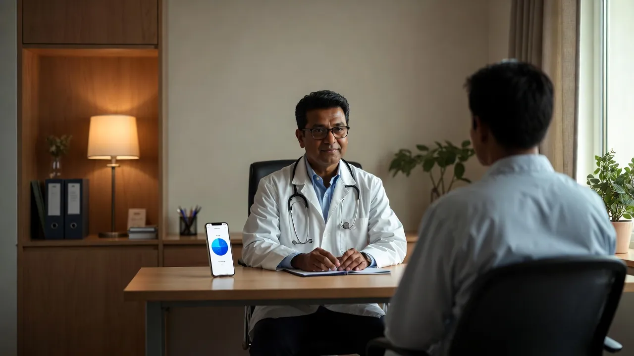 A doctor in a chamber with a patient, a phone standing on the desk